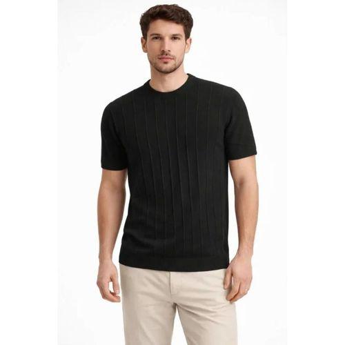 Erkek Yazlık Fitilli Triko Tişört Kısa Kol Bisiklet Yaka T-Shirt - Siyah