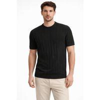 Erkek Yazlık Fitilli Triko Tişört Kısa Kol Bisiklet Yaka T-Shirt - Siyah