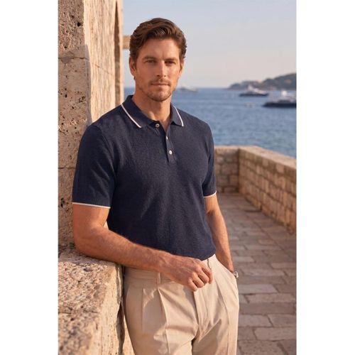 Balzac Yakası Şeritli Düğmeli Polo Yaka Basic Günlük Petek Örgü Triko Erkek T-Shirt - Lacivert