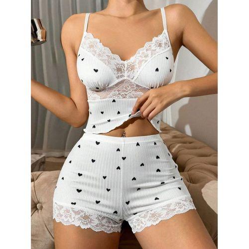Kısa Şortlu Askılı Kalp Desenli Dantel Detaylı Pijama Takımı, Rahat Ve Şık Ev Giyim,kadın Pijama