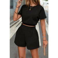 Kadın Kısa Kollu Yuvarlak Yakalı Ithal Keten Bluz Ve Short Ikili Takım