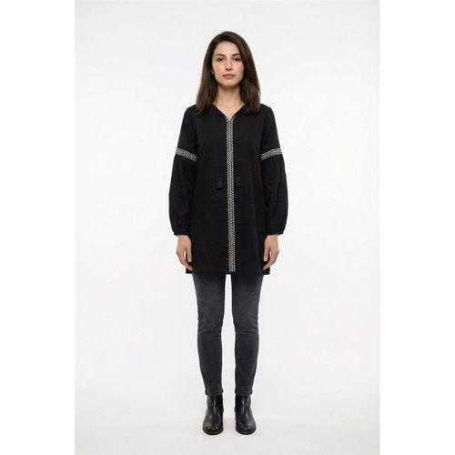 Uzun Kol Dicle Bağcıklı V Yaka Yazlık Şile Bezi Tunik Siyah Syh