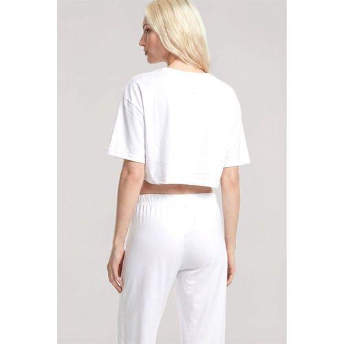 Kadın Beyaz Baskılı Crop T-shirt Pantolon Takım Rahat Günlük Kombin 2’li Set
