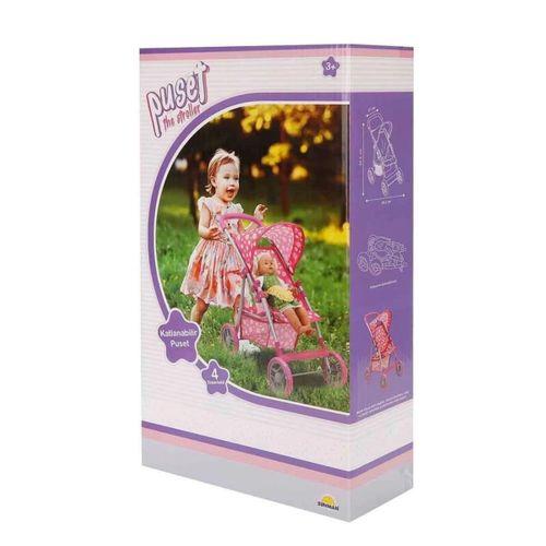 Çocuk 0664 Puantiye Desenli, 4 Tekerlekli ve Tenteli Oyuncak Puset - Sunman