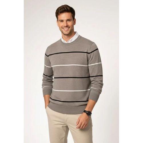 Erkek Bisiklet Yaka Cizgili Triko Kazak Yumuşak Dokulu Pamuklu Ince Dokuma, Uzun Kollu Rahat Regular Kalıp - Gri