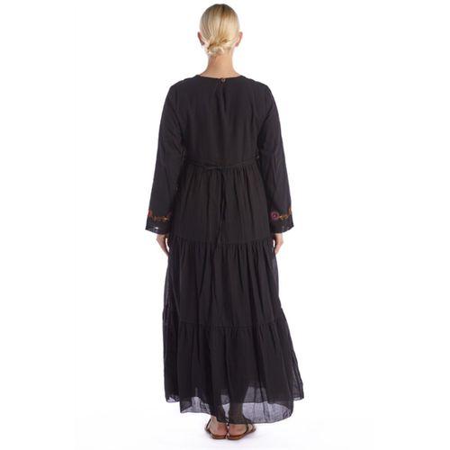 Uzun Kol Bisiklet Yaka Nakışlı Vual Siyah İlkbahar & Yazlık Elbise