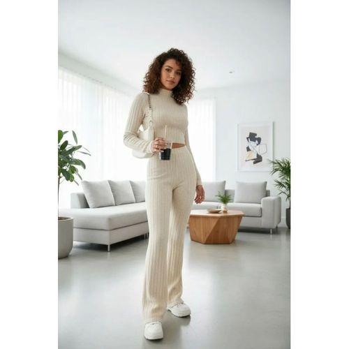Kadın Ekru Fitilli Crop Uzun Kollu Üst Paça Pantolon Eşofman Takımı Şık 2’li Set