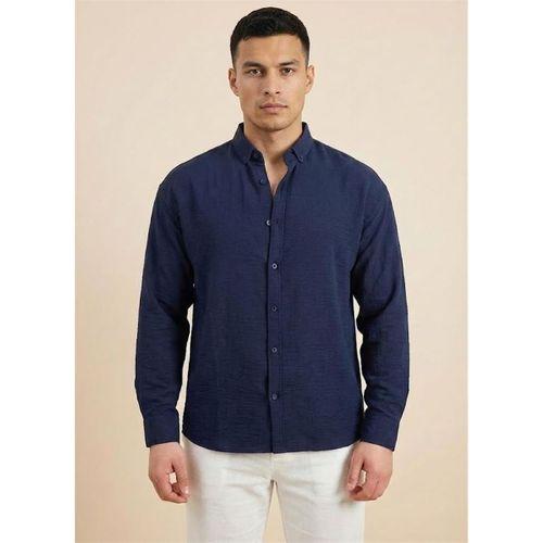 Scott – Soft Dokulu Yarım Oversize Modern Erkek Gömlek - Lacivert