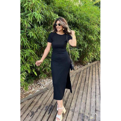 Lucky Life Kadın Kısa Kollu Bisiklet Yaka Yırtmaç Detay Fitilli Kaşkorse Tam Boy Elbise