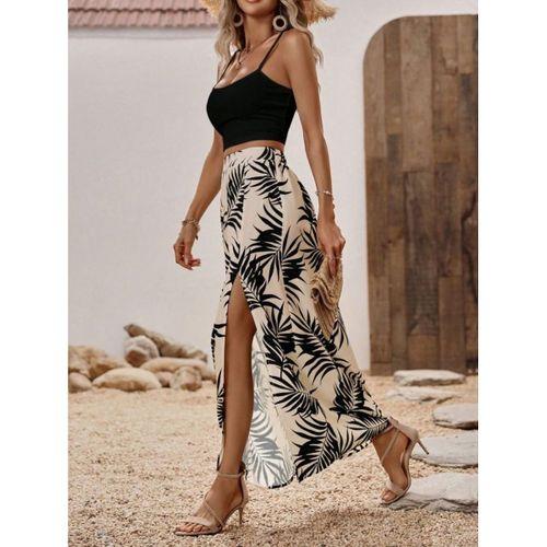 Kadın Ip Askılı Yuvarlak Yaka Kısa Viskon Bluz Ve Desenli Yırtmaçlı Süprem Etek Ikili Takım