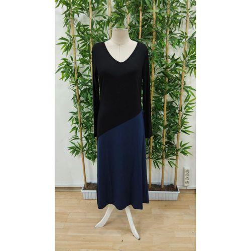 Kadın Uzun Kollu V Yakalı Blok Desenli Viskon Elbise