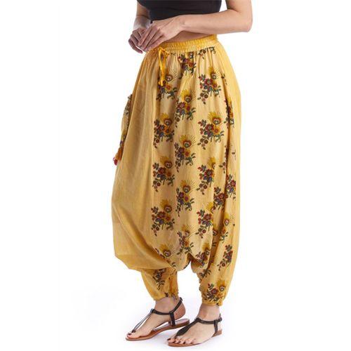 Sarı Beli Lastikli Otantik Yazlık Kadın Püsküllü Poplin Şalvar