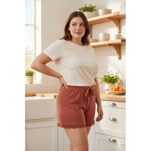 Bambu Fitilli Kadın Ev Şortu Bacak Dantel Detaylı Ev Giyim Taba