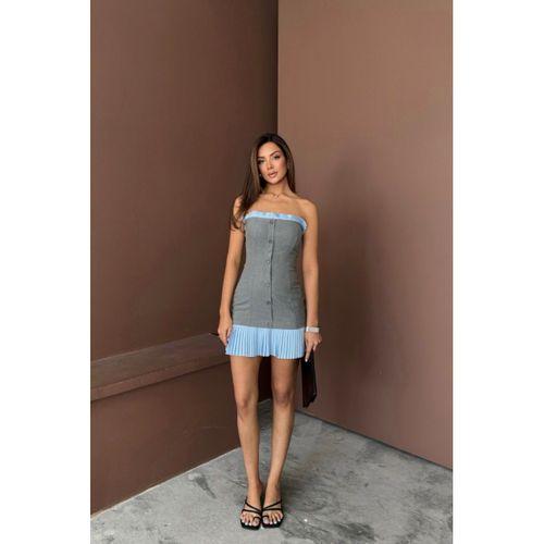 STRAPLEZ POLVİSKON ELBİSE MAVİ FIRFIR DETAYLI - Gri