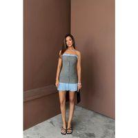 STRAPLEZ POLVİSKON ELBİSE MAVİ FIRFIR DETAYLI - Gri