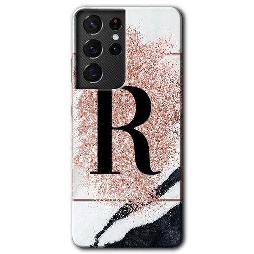 Samsung Galaxy S21 Ultra Kılıf HD Desen Baskılı Arka Kapak - Pembe Mermer Desenli R Harfi