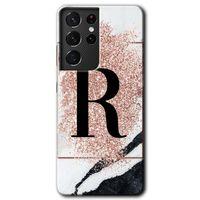 Samsung Galaxy S21 Ultra Kılıf HD Desen Baskılı Arka Kapak - Pembe Mermer Desenli R Harfi