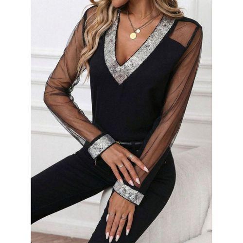 Kadın Uzun Kollu V Yakalı Tül Detaylı Ithal Krep Bluz