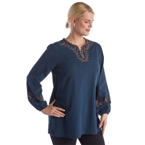 Şile Bezi Uzun Kol Petrol Mavi Nakış Detaylı V Yaka Yazlık Otantik Bluz