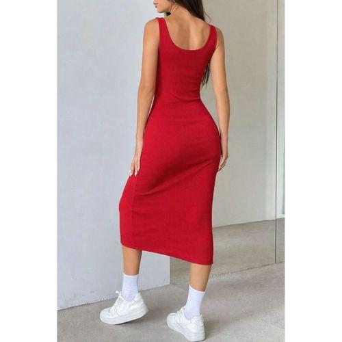 Kadın Askılı Kare Yakalı önden Düğmeli Midi Kaşkorse Elbise