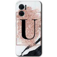 Potkal Hediye Fabrikası Xiaomi Redmi Note 11E HD Baskılı Kılıf + 9D Tam Ekran Koruyucu - Pembe Mermer Desenli U Harfi