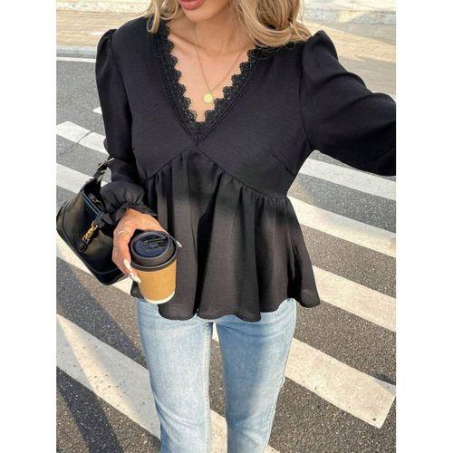 Kadın Uzun Kollu V Dantel Yaka Aerobin Bluz