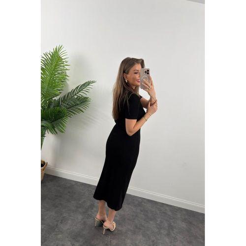 Kadın Ottoman Kumaş Likralı Düğme Tasarımlı Kısa Kol Kalem Elbise