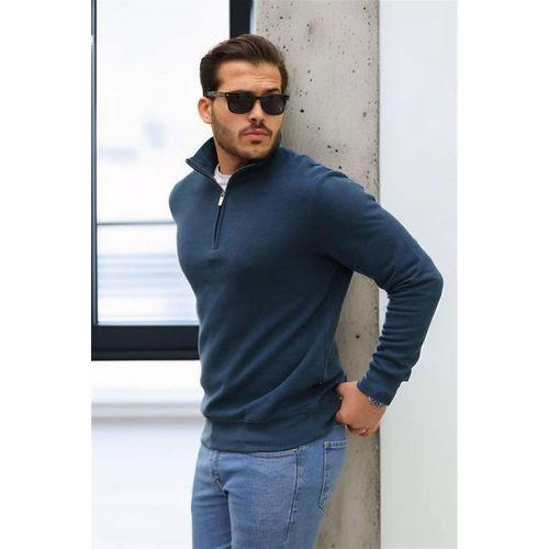 Selanik Örme Yarım Fermuar Erkek Sweatshirt - Prusya Mavisi