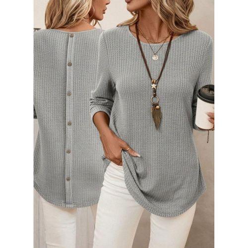 Kadın Uzun Kollu Yuvarlak Yaka Arkadan Düğmeli Waffle Bluz