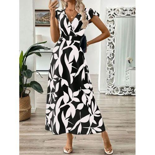 Kadın Kısa Kelebek Kollu Kruvaze Yaka Desenli Süprem Elbise