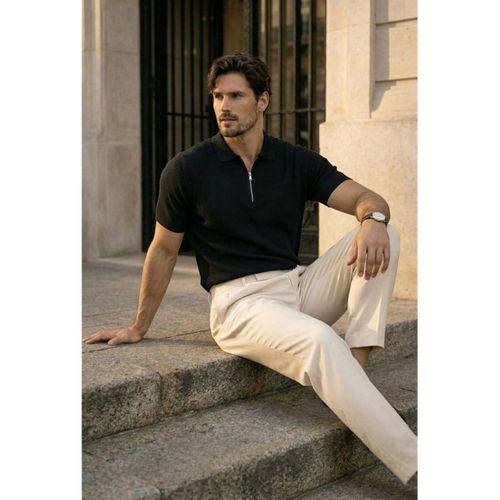 Jeff Selanik Örgü Polo Yaka Yarım Fermuarlı İnce Triko Erkek T-Shirt - Siyah