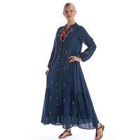 Uzun Kol Petrol Nakışlı Püskül Bağcıklı Hakim Yaka Yazlık Şile Bezi Uzun Elbise