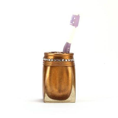 2 Adet Diş Fırçalık Taşlı Altın Poliresin 7X7X10Cm Banyo Seti
