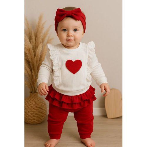 Kalp Baskılı Fırfır Detaylı 3 Parça Kız Bebek Takımı %100 Pamuk