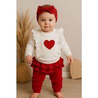 Kalp Baskılı Fırfır Detaylı 3 Parça Kız Bebek Takımı %100 Pamuk