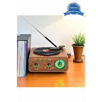 Nostaljik Tasarım Plak Çalar Görünümlü Radyolu Bluetooth Hoparlör Retro Müzik Plak Açık Kahverengi