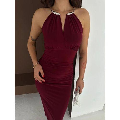 Uzun Abiye Elbise Yırtmaçlı Sırt Dekolteli Şık Gece Elbisesi - Bordo