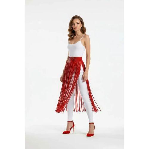 Kırmızı Etek Püsküllü Suni Deri Etek Yüksek Bel Etek - Brf1090