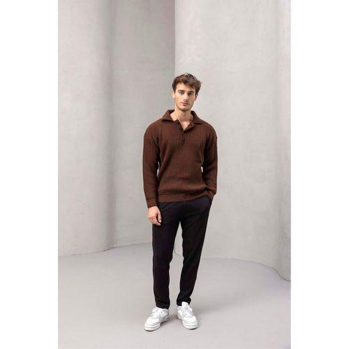 4 Düğmeli Yarım Pat Polo Yaka Kazak Kahve - Bezayağı Kumaş Pantolon Siyah