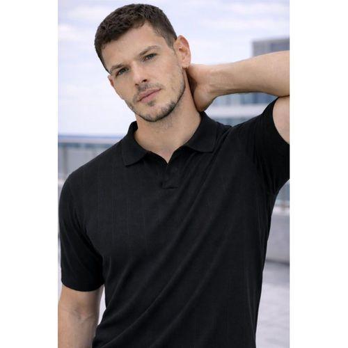 Elatus Çizgili V Yaka İnce Triko Relaxed Fit Polo Yaka Erkek T-Shirt - Siyah