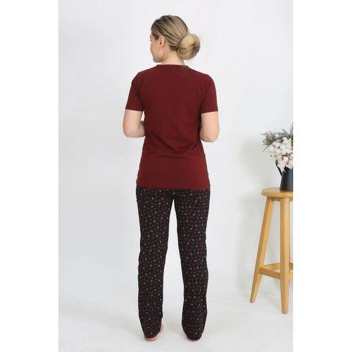 Kadın Kısa Kol Pamuk Penye Pijama Takım Bordo