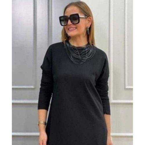 Kadın Uzun Kollu Bisiklet Yaka Etek Ucu Deri Dantelli Viskon Iki Iplik Midi Elbise