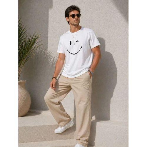 Erkek Minimal Gülümseyen Yüz Baskılı Tişört Kısa Kol Yazlık T-Shirt - Beyaz
