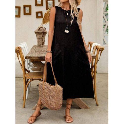 Kadın Askılı Yuvarlak Yakalı Kıloş Cepli Uzun Elbise