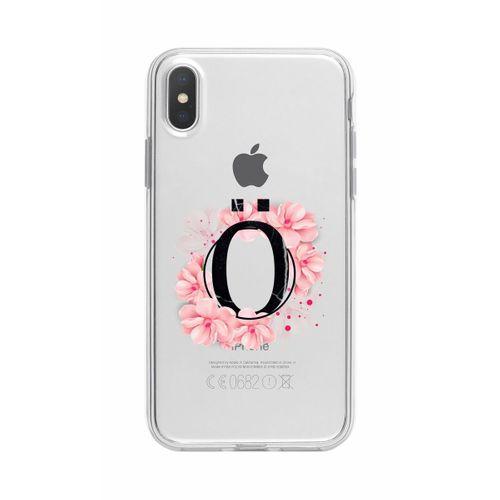 iPhone Xs Max Pembe Çiçek Desen Ö Harfli Şeffaf Kılıf