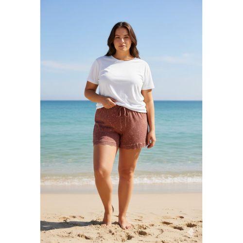 Düz Renk Mini Çiçek Desenli Penye Kadın Ev Şortu Bacak Dantel Detaylı Ev Giyim Taba