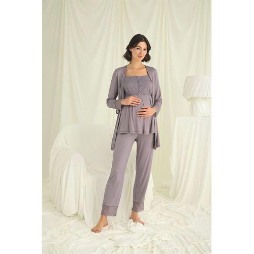 Dantelli Önü Düğmeli Hamile Lohusa 3'lü Pijama Takımı