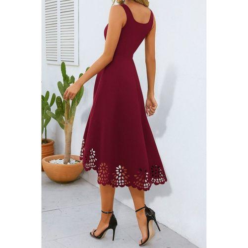 Kadın Askılı Geometrik Yaka çiçek Lazer Kesim Ithal Krep Elbise