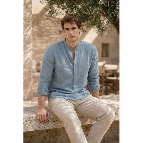 Hafif ve Nefes Alabilir Erkek Müslin Yarım Pat Hakim Yaka Oversize Gömlek- Soğuk Mavi