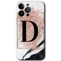 Potkal Hediye Fabrikası iPhone 14 Pro HD Baskılı Kılıf + 9D Tam Ekran Koruyucu - Pembe Mermer Desenli D Harfi